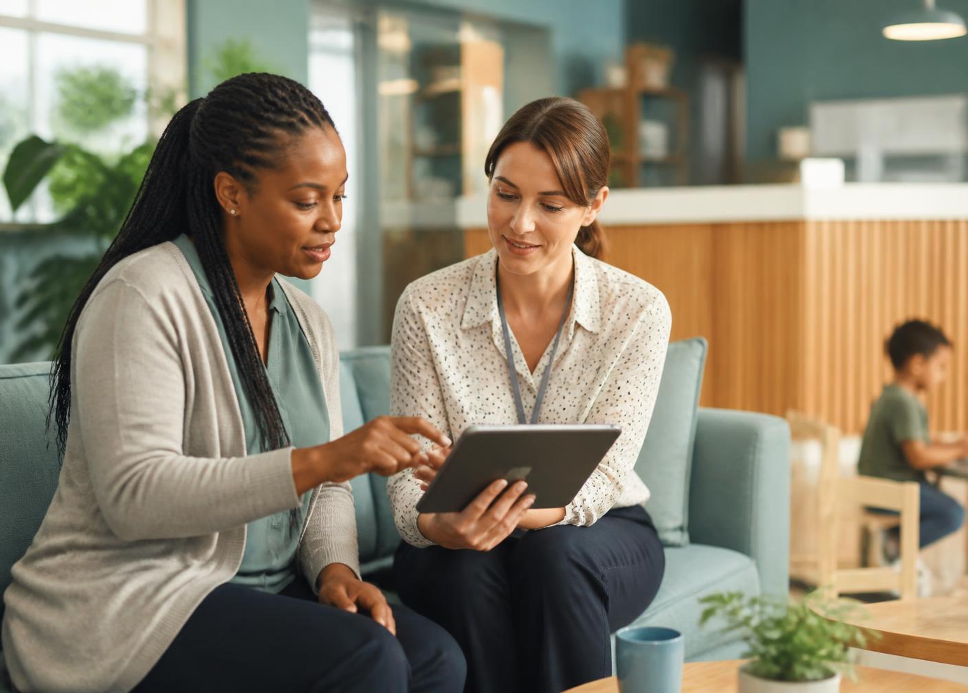 Two child-therapy professionals reviewing progress notes on a tablet in a calm clinic space
