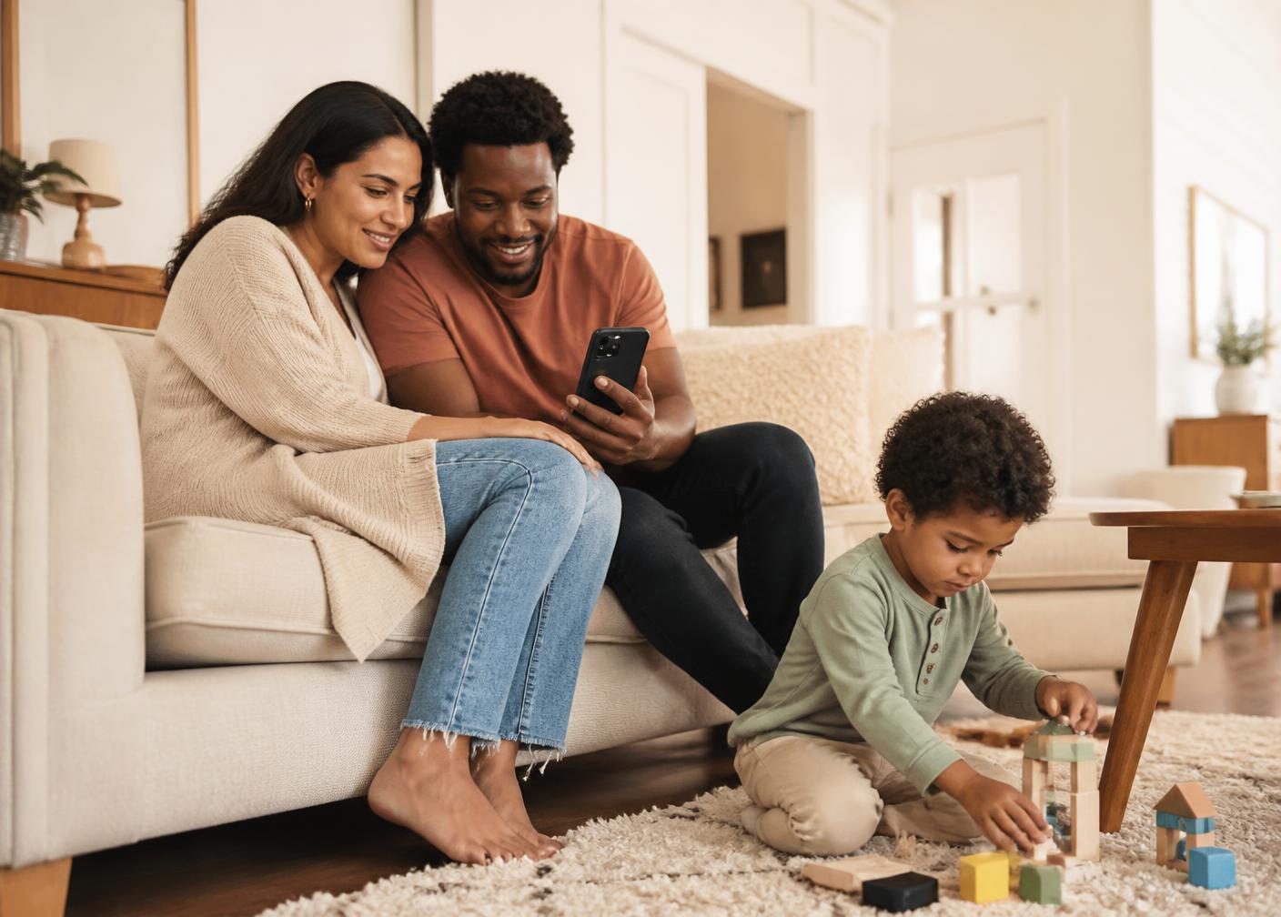 Parents looking at a phone together at home while their young child plays nearby