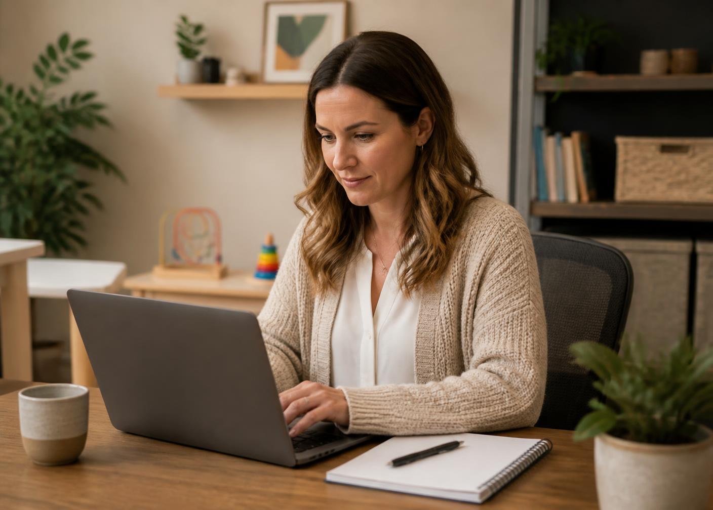 A therapist writing session notes on a laptop in a warm, softly lit office