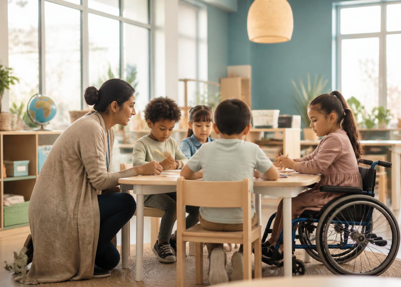 A teacher working at a table with a diverse group of young children in a bright inclusive classroom