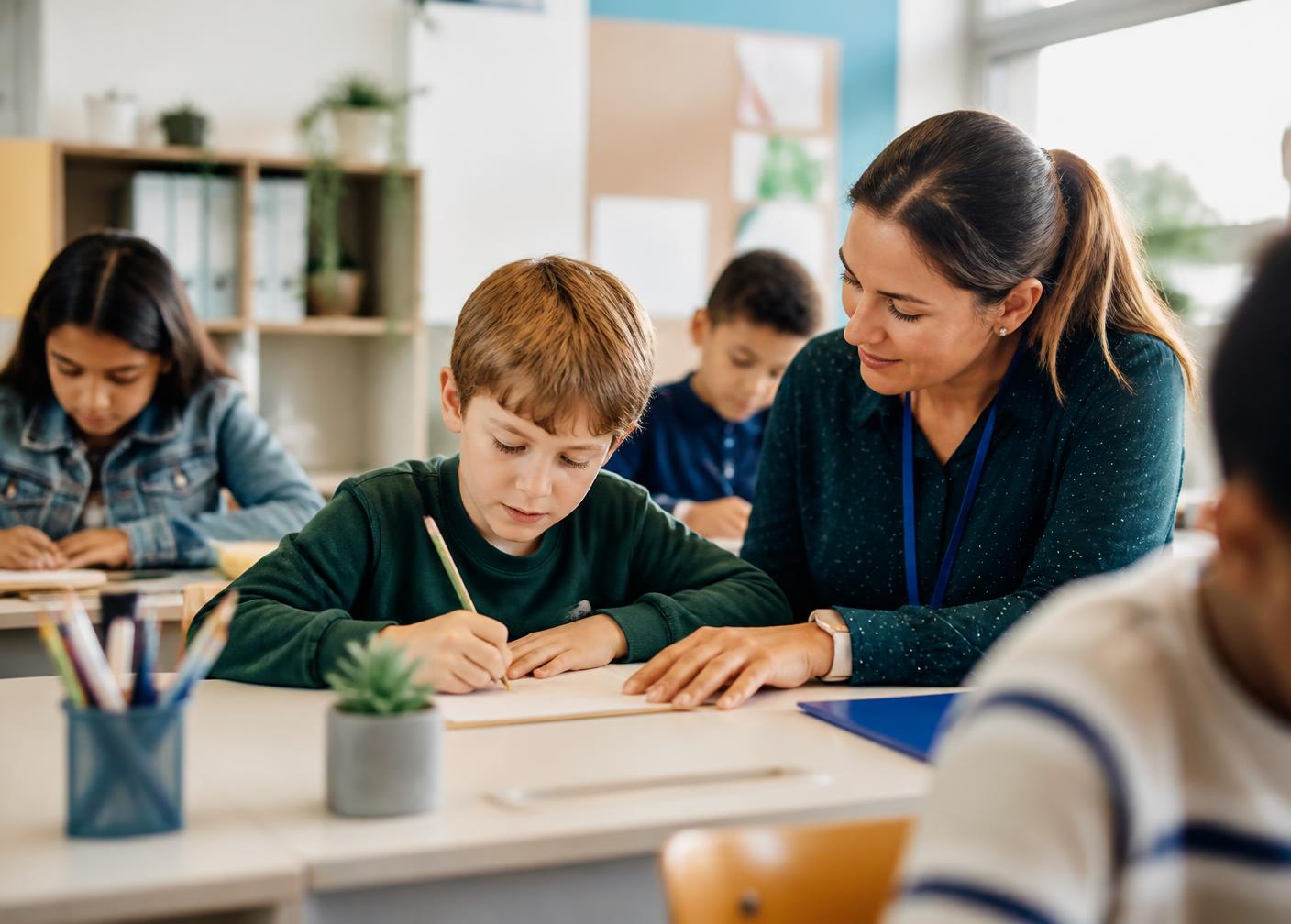 A shadow-support teacher guiding a young student at a classroom desk